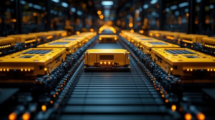 Automated assembly line showcasing robotic transport systems in a high-tech factory setting