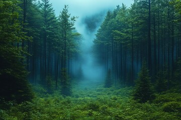 Obraz premium Foggy forest path with tall trees for background use in travel and nature imagery