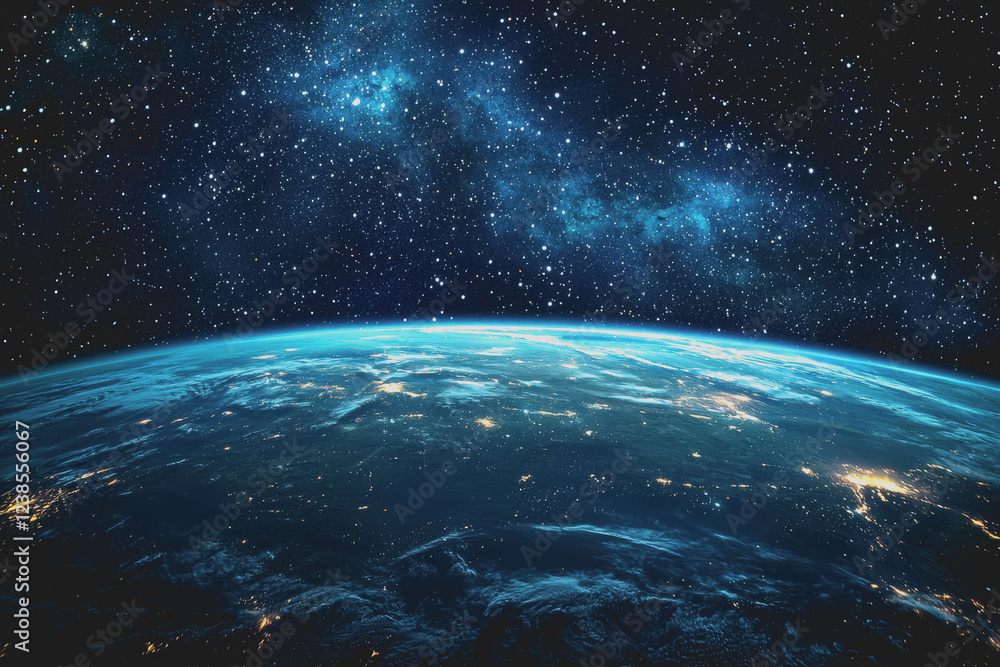Poster aerial view of earth from space showcasing the planets surface and atmosphere with a dark background