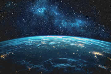 Obraz premium Aerial view of earth from space showcasing the planets surface and atmosphere with a dark background of the universe visible in the distance