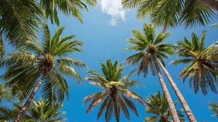 Bottom view of tropical palm trees leaves in blue sky background Natural exotic photo frame Leaves on the branches of coconut palm trees against the blue sky in sunny summer day Phuket island Thailand