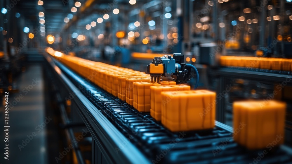 Poster automated assembly line with bright orange blocks moving through a factory setting at dusk