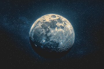 Fototapeta premium Large full moon in clear night sky surrounded by bright stars and a dark blue backdrop creating a serene celestial atmosphere