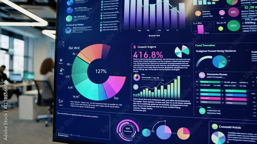 Poster data analytics team collaborates in a modern workspace with interactive technology and displays
