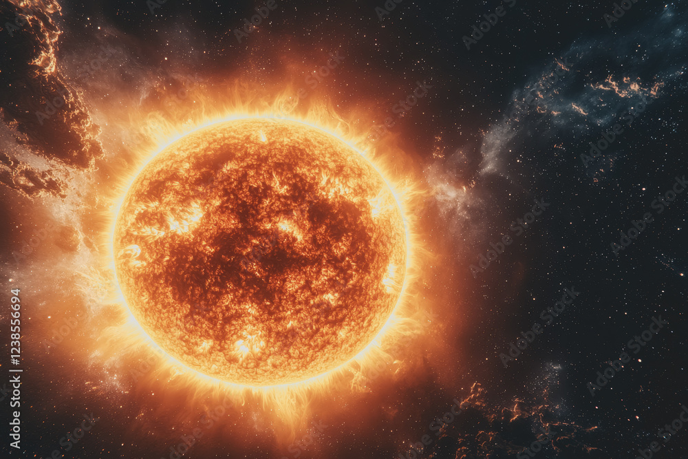 Aufkleber bright sun surrounded by colorful nebula in deep space with swirling clouds and cosmic dust creating