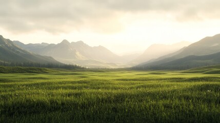 Fototapeta premium Sunrise over mountain valley, grassy meadow, calm scene, nature wallpaper