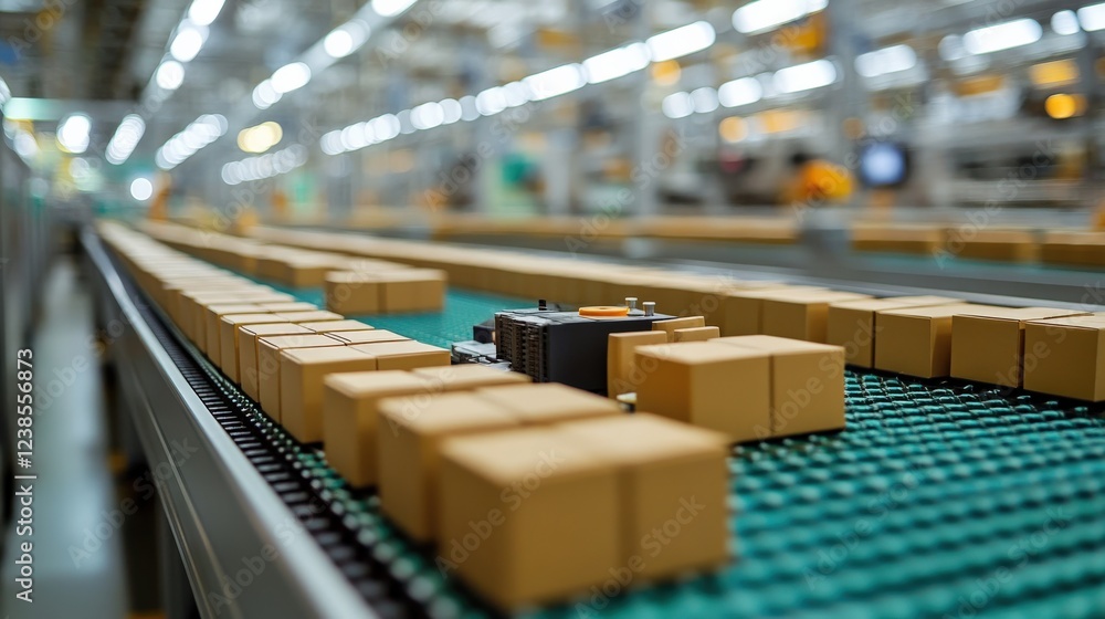 Poster automated assembly line with boxes moving along a conveyor in a modern warehouse setting