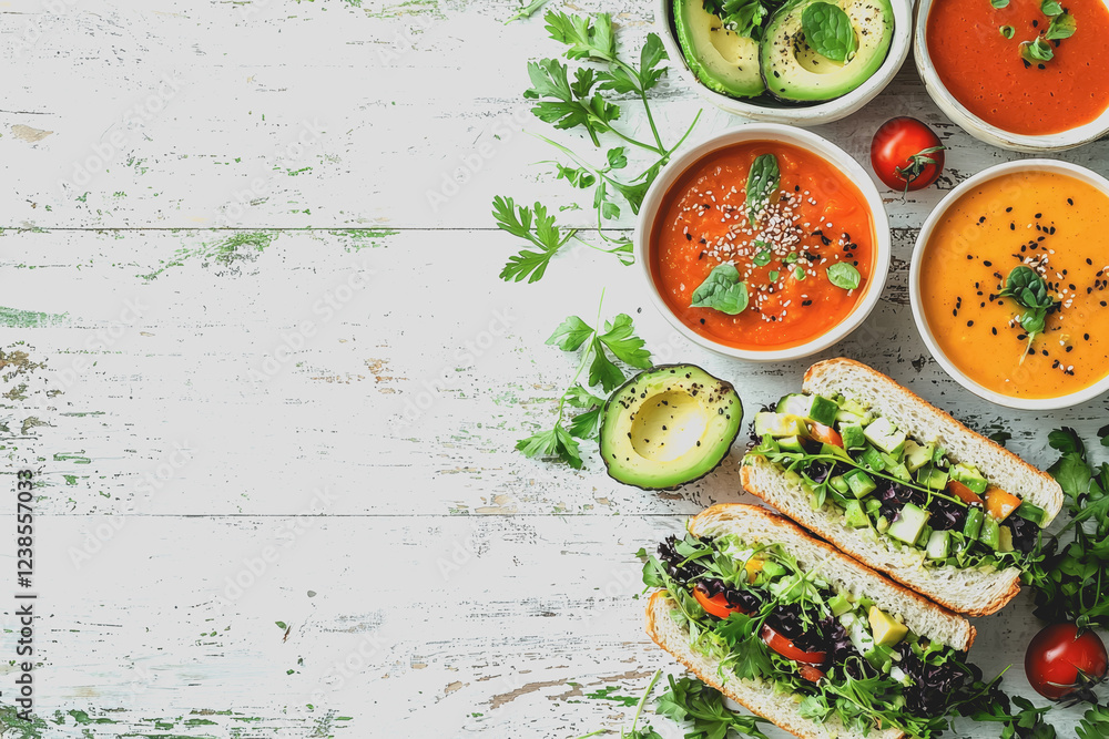 Poster table with various bowls of soup and a sandwich ready for enjoyment in a cozy dining setting