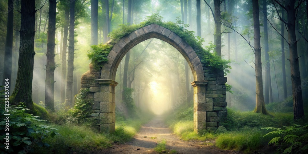 Aufkleber mystical stone archway leading to a sunlit path through an enchanting forest