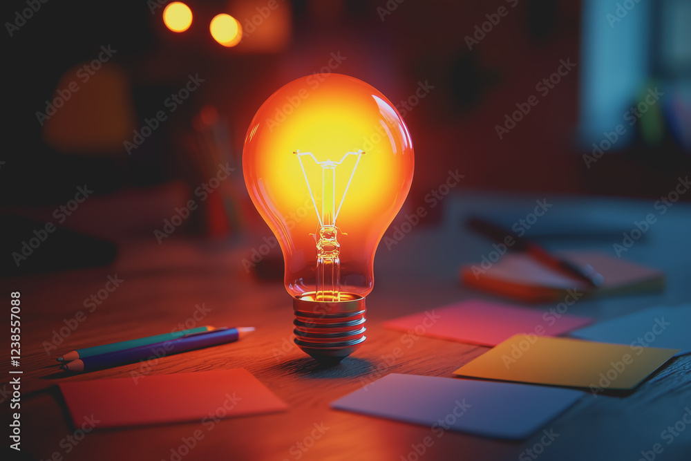 Poster light bulb illuminated on a wooden table with a warm glow creating a cozy atmosphere in a simple ind