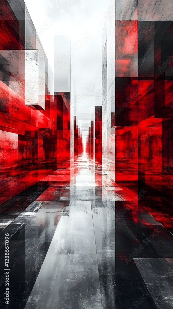 Poster abstract red and grey geometric corridor extending to a bright light source.
