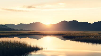 Fototapeta premium Sunrise over tranquil marsh reflecting mountains