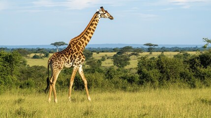 Fototapeta premium A giraffe elegantly wandering the savannah, towering above the lush landscape of its habitat