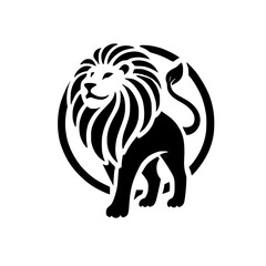 Majestic Lion: A Powerful Symbol of Strength and Royalty.  Black and white vector illustration of a lion in a circle, perfect for logo design or graphic art.