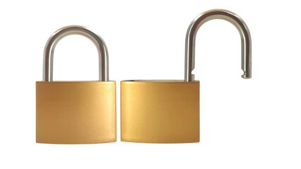 Photo of two heavy-duty 38mm iron brass padlocks, one locked and one unlocked, isolated on white...