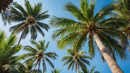 Bottom view of tropical palm trees leaves in blue sky background Natural exotic photo frame Leaves on the branches of coconut palm trees against the blue sky in sunny summer day Phuket island Thailand