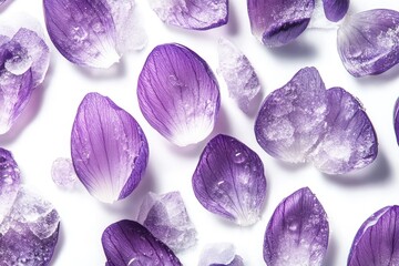 Frozen purple flower petals arranged artfully on a white background, showcasing delicate texture and water droplets.
