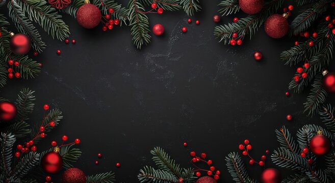 black dark Christmas background with a border of fir branches and red decorations. Black background for congratulations on the New Year. copy space mockup for text - Powered by Adobe