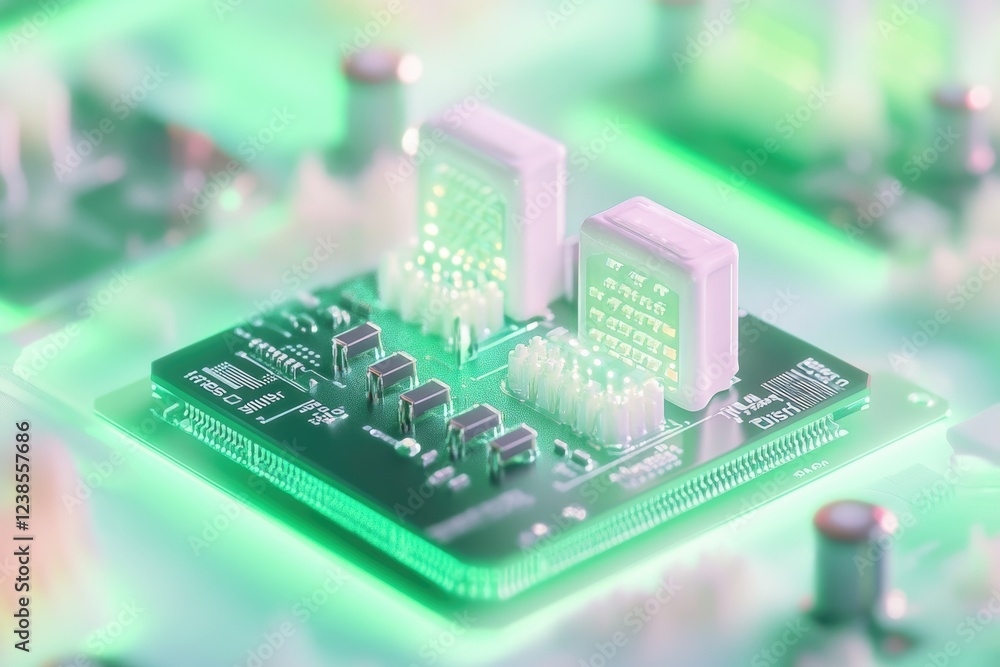 Poster close-up of a circuit board with two integrated circuits, showcasing intricate electronic components