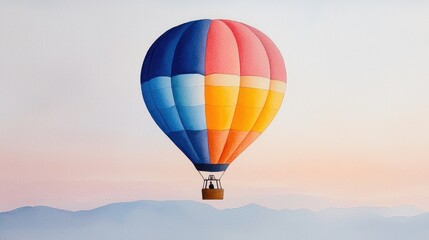 Fototapeta premium Colorful Watercolor Painting of a Hot Air Balloon Floating Above Serene Mountains at Sunrise