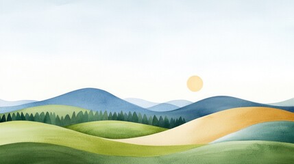 Serene Watercolor Painting of Tranquil Countryside Landscape with Soft Rolling Hills and Sunrise