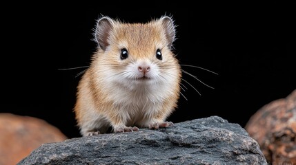 Cute desert rodent on rock, dark background, pet, wildlife