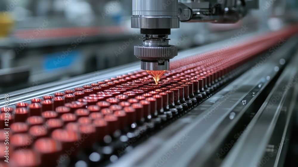 Poster automated bottling process with precision machinery filling red containers on a production line