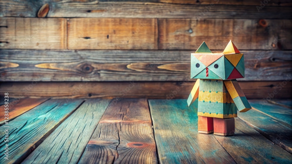 Poster Whimsical handcrafted paper automaton standing on rustic wooden surface