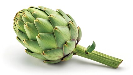Fototapeta premium A fresh whole green artichoke isolated on a white background. A nutritious and delicious vegetable known for its health benefits and rich, earthy flavor.