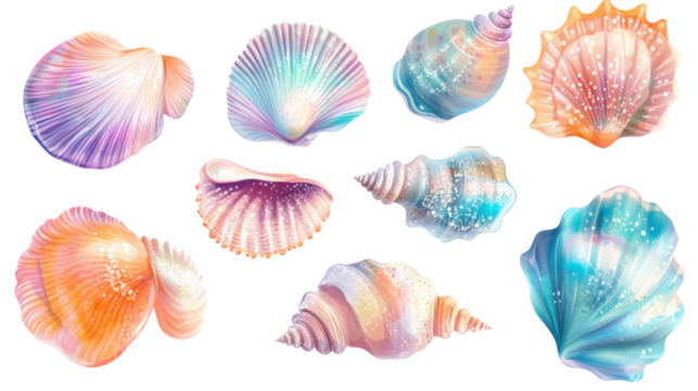 Set of colorful seashells with transparent background, sparkling and vibrant