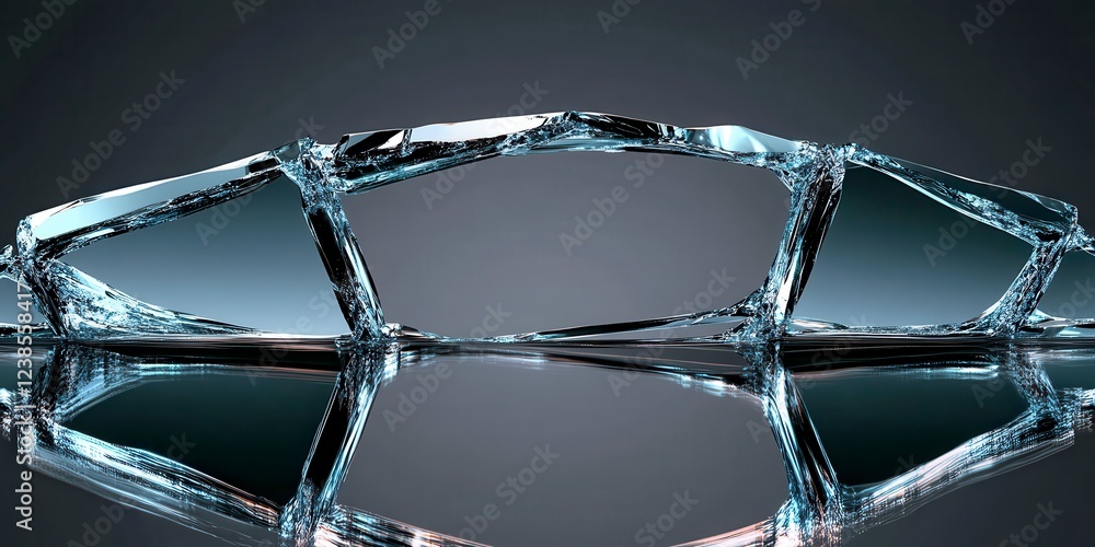 Poster abstract 3d rendering of a geometric structure, featuring interconnected, faceted shapes. the design