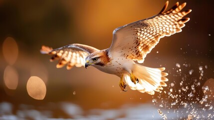 Majestic Hawk in Flight Over Water with Beautiful Sunrise Glow and Soft Bokeh Background