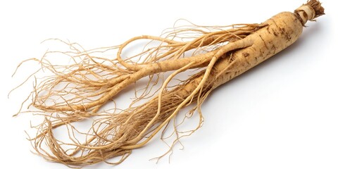 A fresh ginseng root isolated on a white background with green leaves. A powerful medicinal herb known for its health benefits, used in traditional medicine, teas, and natural supplements.
