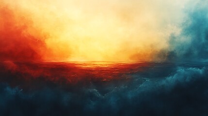 Fiery sunset glows warmly above deep blue clouds dramatic abstract landscape. AI Generated