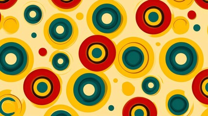 Abstract background with red, yellow, and teal concentric circles on a beige background. The design is simple and playful, suitable for various