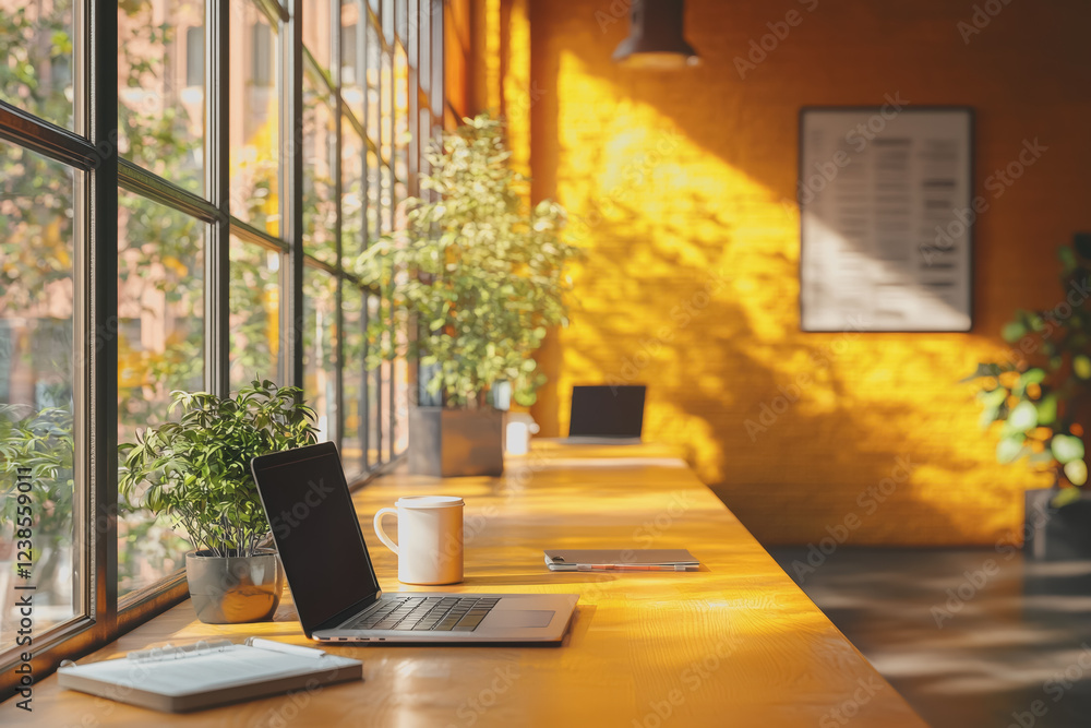 Poster laptop computer placed on a wooden table in a home office setting with natural light illuminating th