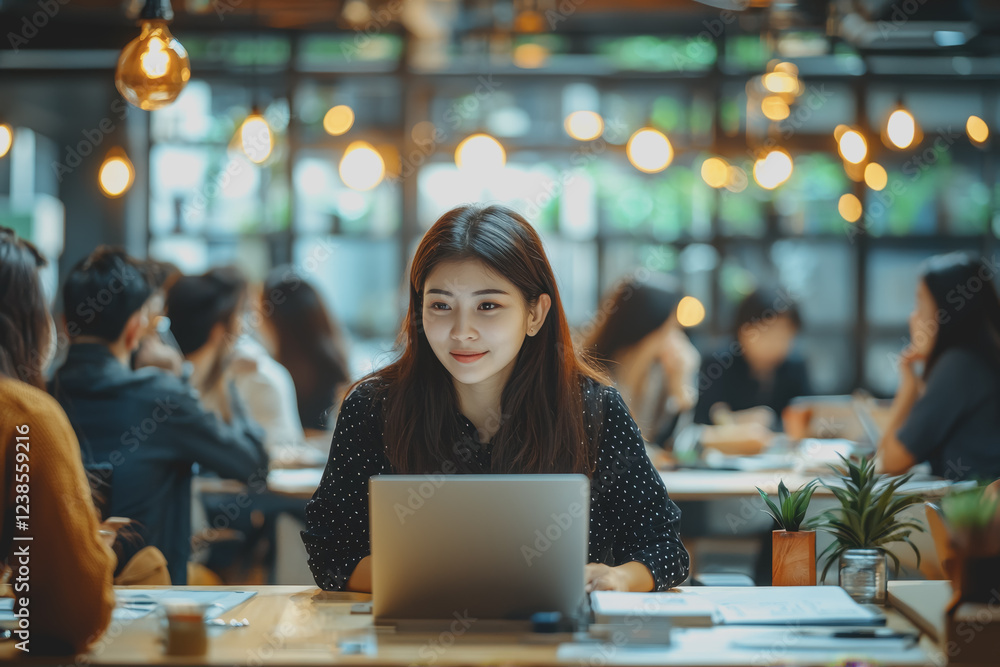 Poster woman sitting at a table working on a laptop with a cup of coffee and notebook in a modern workspace