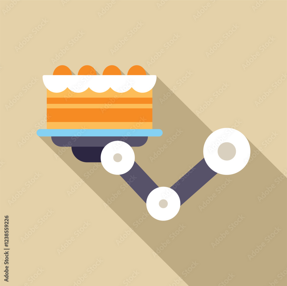 Poster robotic arm transporting cake on automated platform, showcasing automation in food service and deliv