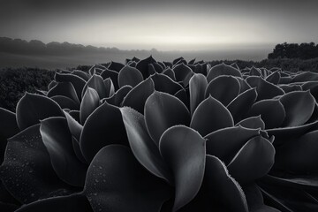 Fototapeta premium Dew-kissed agave leaves in monochrome, a misty landscape backdrop.