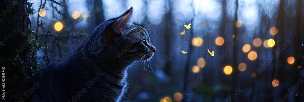 Aufkleber grey tabby cat in forest setting with butterflies and bokeh lights