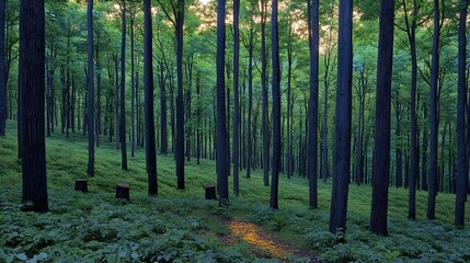 Obraz premium A serene forest scene showcasing tall, slender trees with vibrant green foliage. Sunlight gently filters through the canopy, casting a warm glow on the forest floor.