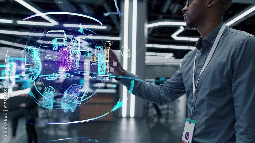 Poster advanced technology demonstration in a modern innovation lab with holographic displays showcasing pr