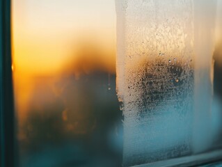 Misty Window View of a Sunset Glow through the Condensation On Glass