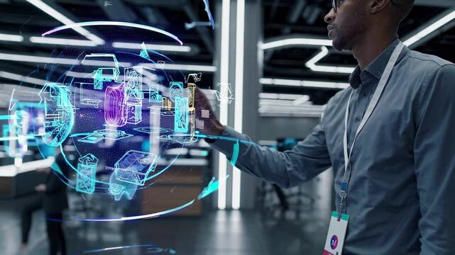 Advanced technology demonstration in a modern innovation lab with holographic displays showcasing projects
