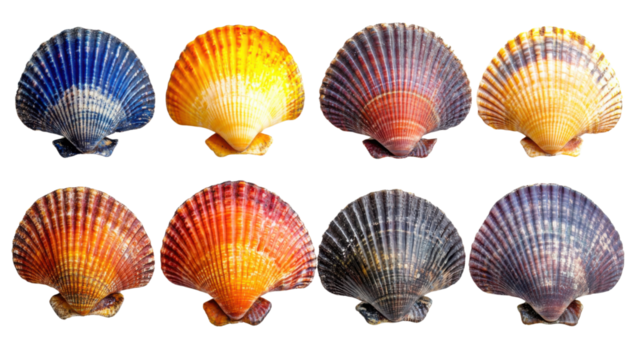 Colorful scallop shells isolated on transparent background