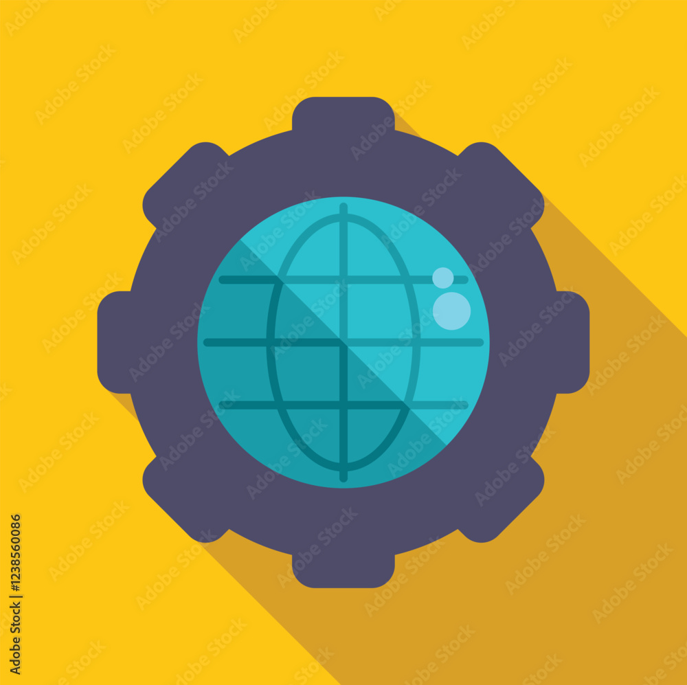 Poster global settings and international configuration symbol with gear icon and globe for worldwide custom