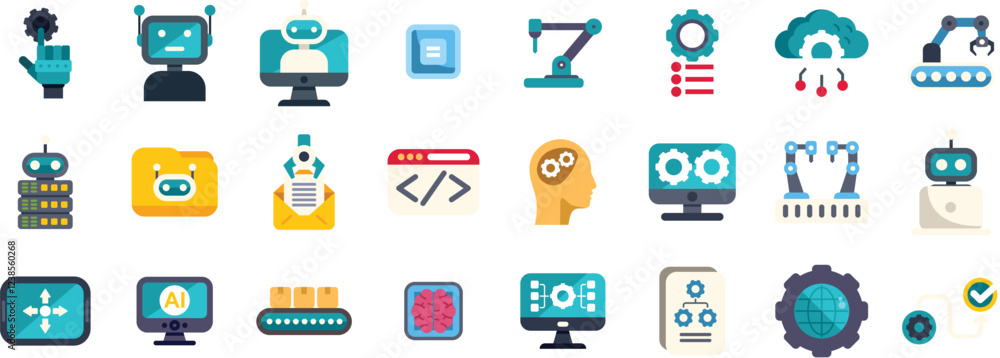 Poster colorful icons representing various aspects of artificial intelligence, including automation, roboti