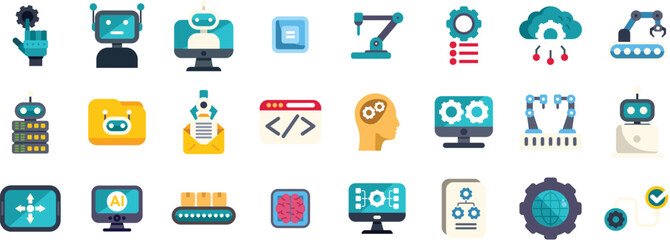 Colorful icons representing various aspects of artificial intelligence, including automation, robotics, machine learning, and data processing