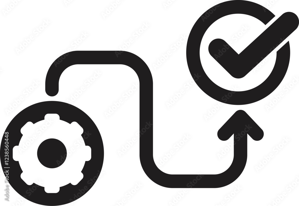 Poster workflow process leading to approval symbolized by gear and check mark icon, representing successful
