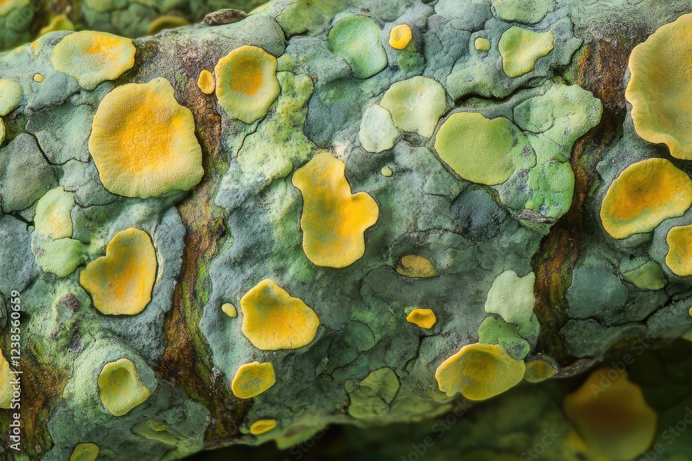 Poster close-up of a textured surface with yellow and green lichen, showcasing intricate details and patter
